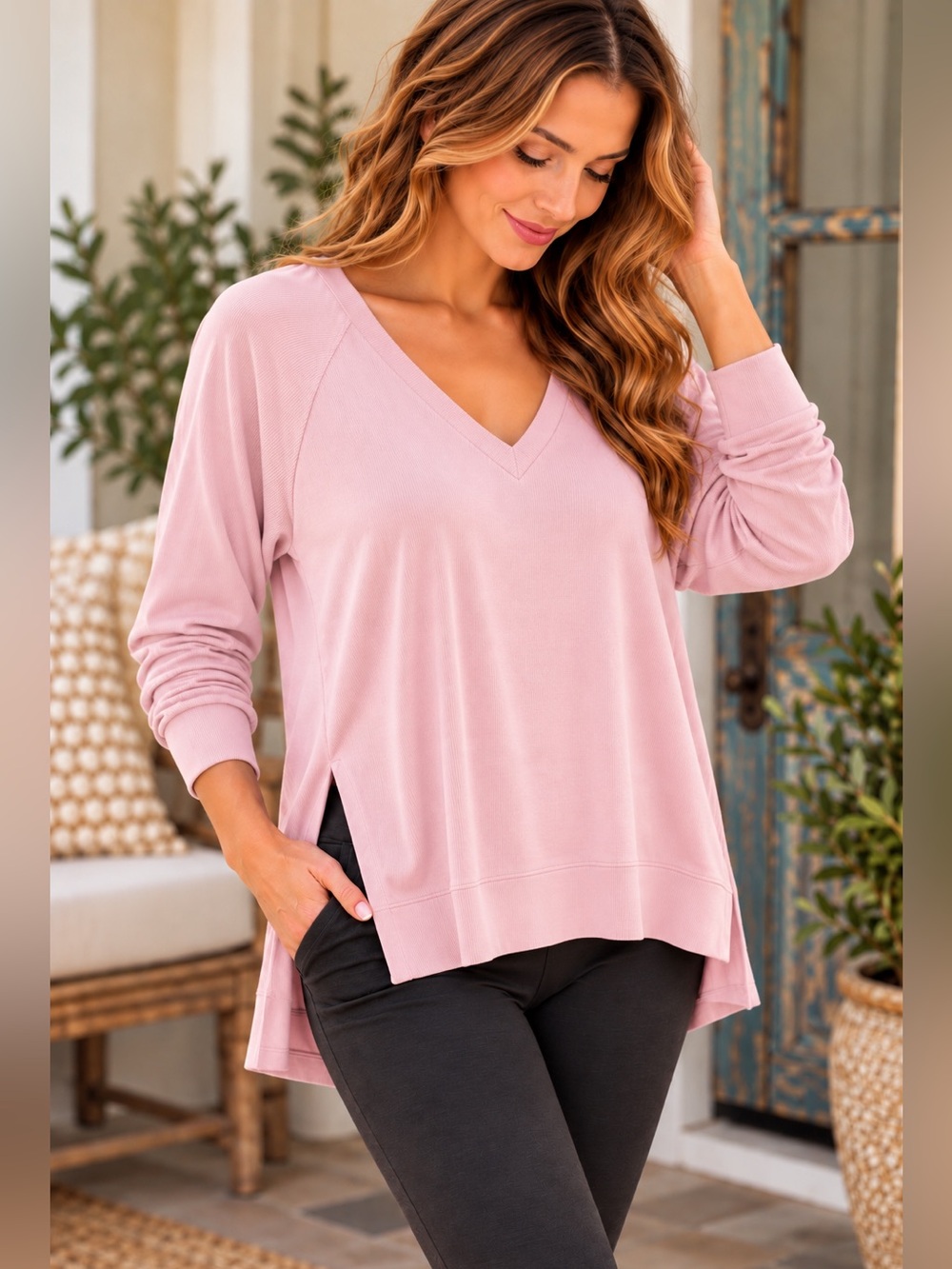 NWT Pj Harlow Frankie V-Neck Long Sleeve High Low Top - Blush